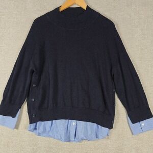 Talbots Plus Navy Layered Look Sweater 1X Side Button Striped Hem Mixed Media